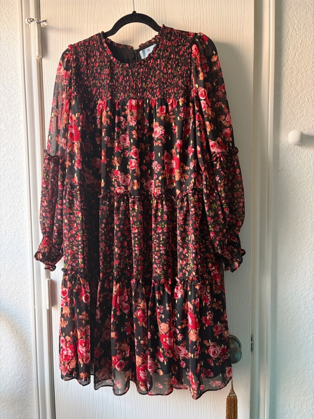 CeCe Black Floral Long-Sleeve Smocked Tiered Dress